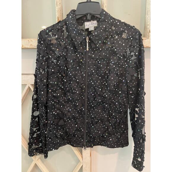 Vintage Joseph Ribkoff size 10 black lace and rhinestone zip jacket Union made - Picture 1 of 6